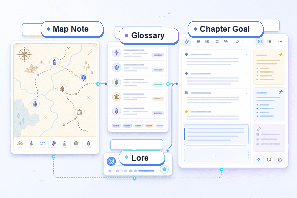Fantasy map and lore glossary connected to a chapter draft workspace