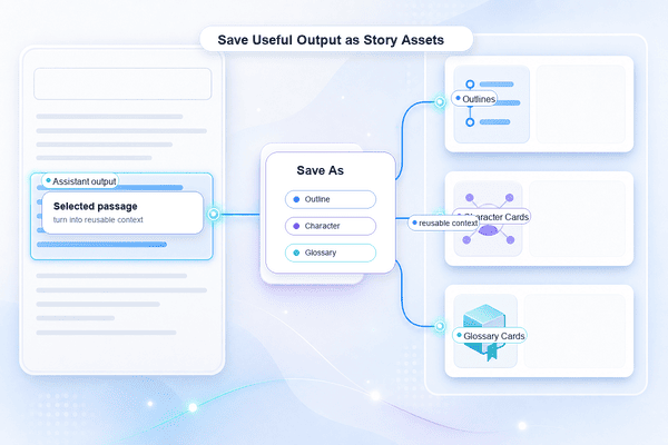 Save As menu leading to Outlines, Character Cards, and Glossary Cards in a sidebar
