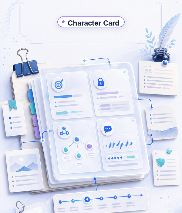 Character detail card beside manuscript notes for a recommendation thumbnail