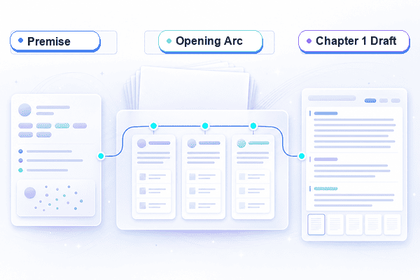 First novel planning desk with outline and Chapter 1 draft panel