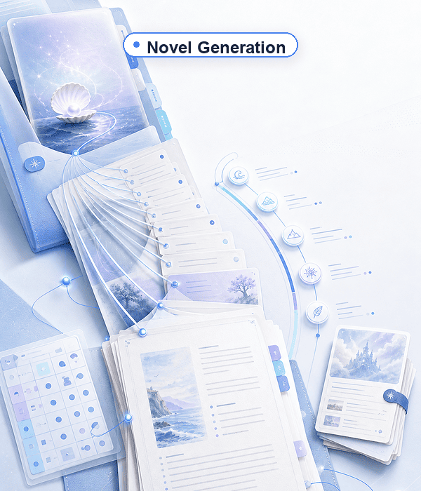 Novel generation panel with manuscript pages, distinct from AI Book Writer workspace images