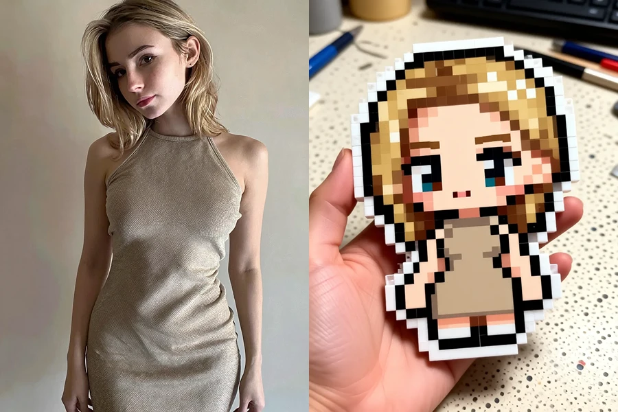 woman in beige dress and pixel character