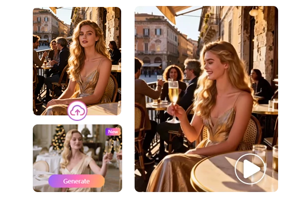 Simple three-step process showing photo upload, AI processing, and finished Christmas celebration video