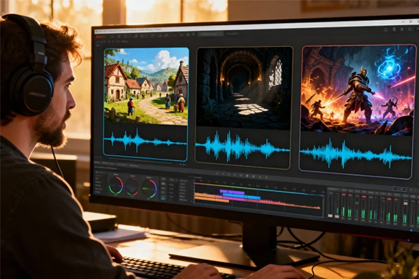 Indie game developer creating soundtrack themes for different game scenes