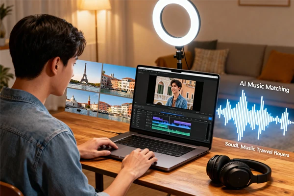 Content creator editing travel vlog with AI-generated music in video editing software