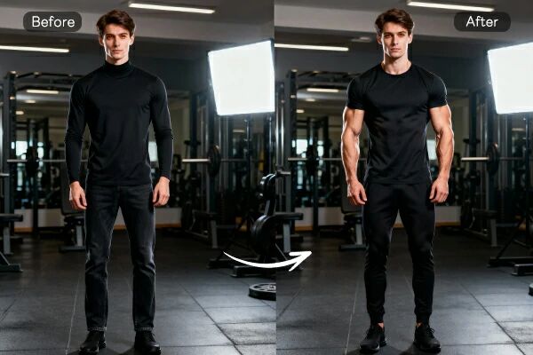before and after using AI to enhance muscles in a photo