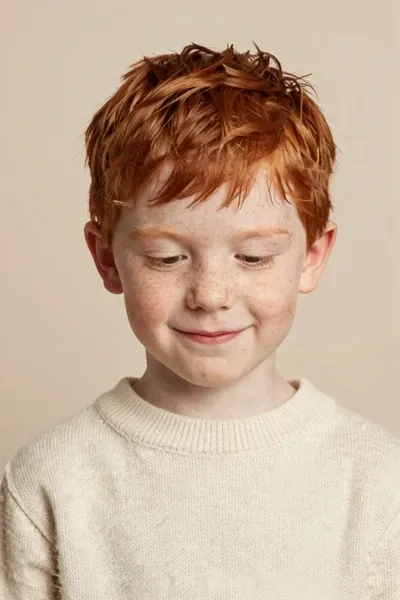 Photorealistic portrait of a red-haired boy with fair skin, soft round cheeks, light freckles, shy downward smile, cream knit sweater, pale warm background, gentle studio light, child portrait photography, natural face proportions, realistic hair detail.