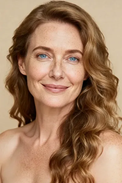 Realistic studio portrait of a middle-aged woman with fair skin, long curly light-brown hair, visible freckles, soft smile, pale blue eyes, natural makeup, bare shoulders, warm beige background, gentle front lighting, authentic skin texture and fine facial lines.