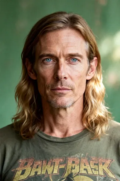 Photorealistic portrait of a lean middle-aged man with pale skin, long wavy blond hair, narrow face, light blue eyes, calm distant expression, vintage band T-shirt, muted green background, natural studio light, realistic aging detail, documentary music portrait.