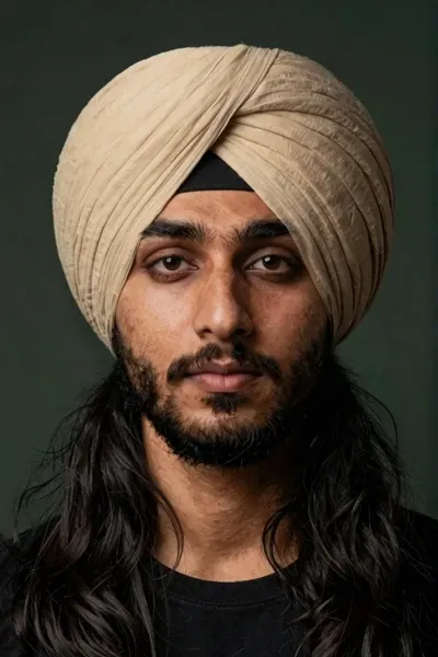 Photorealistic portrait of a young South Asian man with warm olive skin, long black hair, beige turban, thick eyebrows, short beard, steady direct gaze, dark green background, soft studio spotlight, realistic skin texture, symmetrical front-facing portrait.