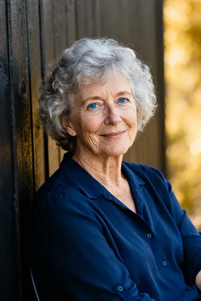 Photorealistic portrait of an elderly woman with light skin, short gray curly hair, blue eyes, gentle confident expression, navy blouse, dark wooden wall background, soft outdoor shade, visible wrinkles, natural skin texture, documentary-style portrait.