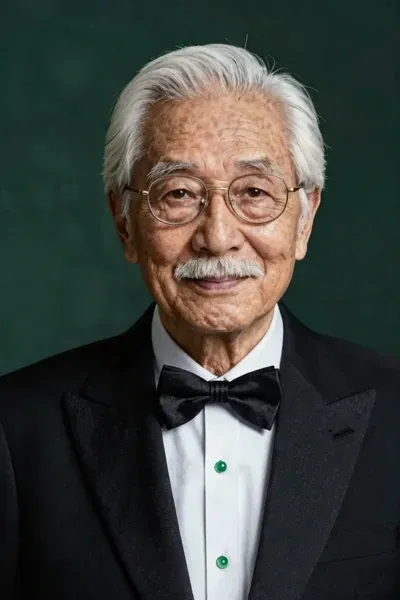 Realistic formal portrait of an elderly East Asian man with long white hair, white mustache, gold-rimmed glasses, black tuxedo, bow tie, emerald pendant, dark green studio background, dignified expression, crisp lighting, high-detail facial wrinkles and hair texture.