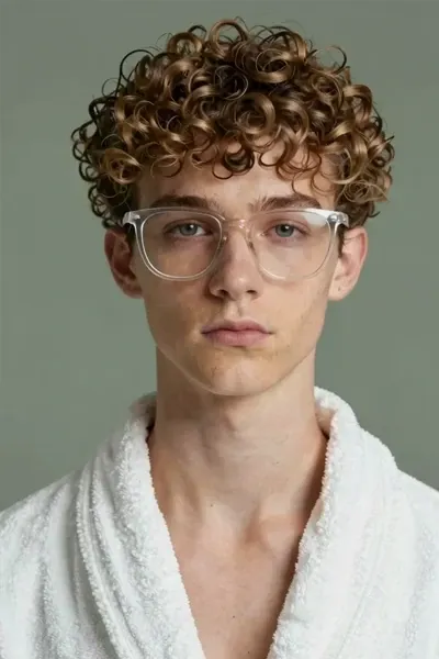 Realistic portrait of a teenage boy with fair skin, slim angular face, messy light-brown curls, oversized clear-framed glasses, neutral serious expression, white bathrobe collar, muted green studio background, soft diffused light, high-detail editorial portrait.
