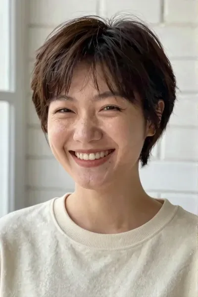 Photorealistic portrait of a young East Asian woman with fair skin, short soft pixie haircut, bright open smile, slightly squinted happy eyes, cream sweatshirt, white brick wall background, natural window light, candid friendly mood, realistic pores and soft skin texture.