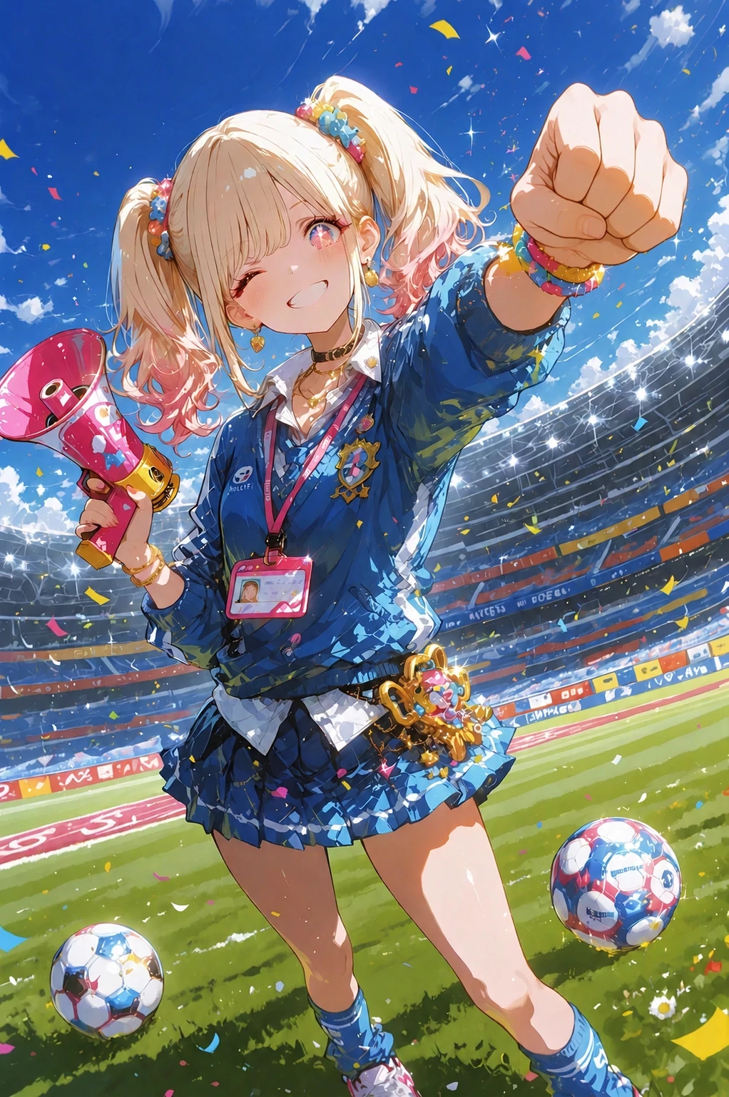 Una ragazza anime sorridente fa il tifo in uno stadio del Mondiale di calcio