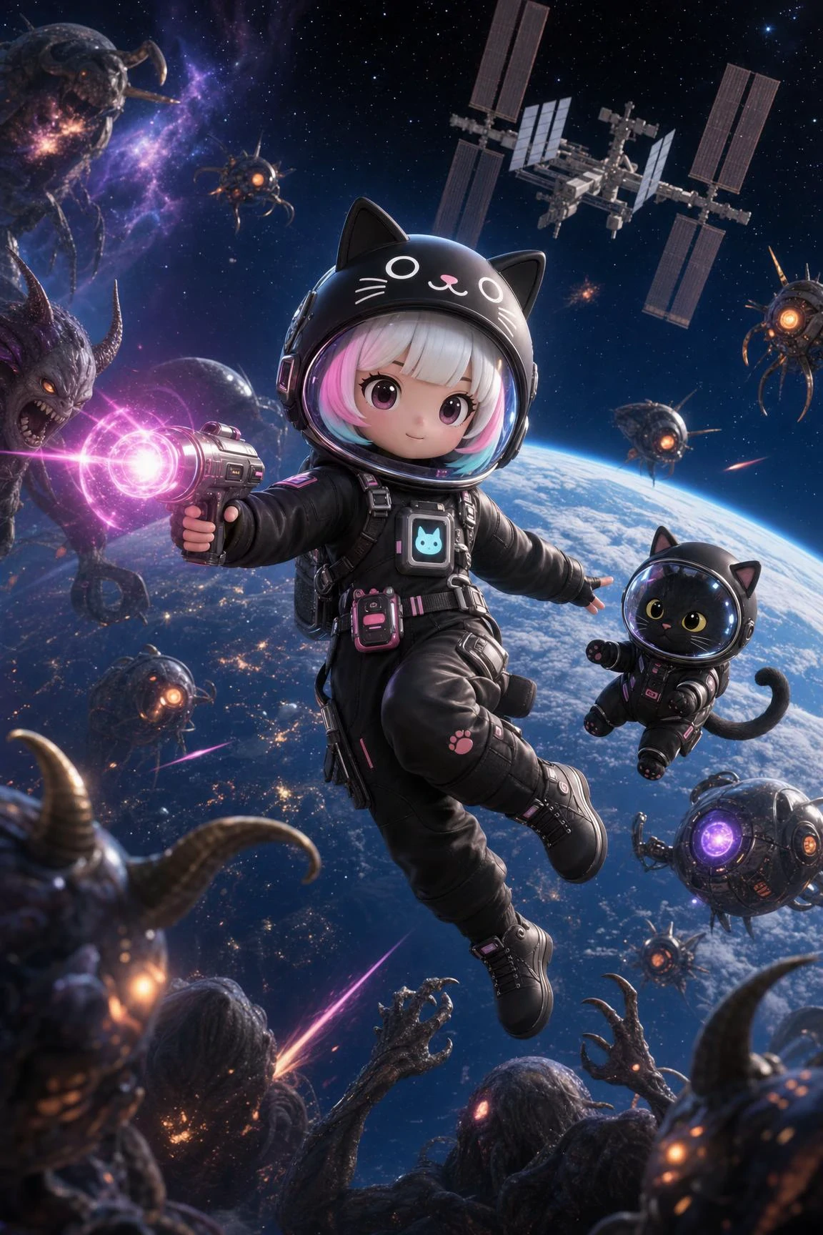 Una ragazza anime in tuta spaziale da gatto fluttua nello spazio con un gattino.
