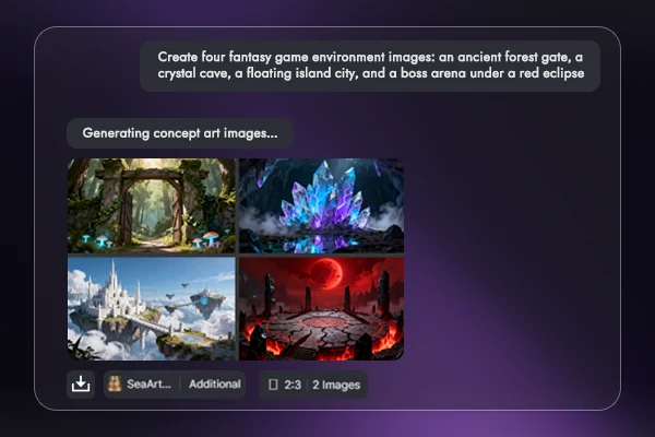 Four fantasy game environments generated as a concept art set