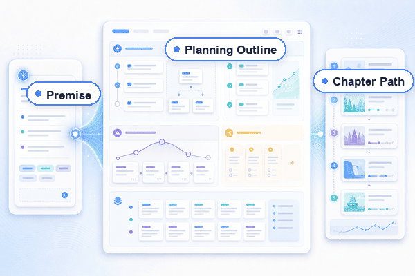 Planning outline icon with a book spine, planning grid, and connected chapter nodes