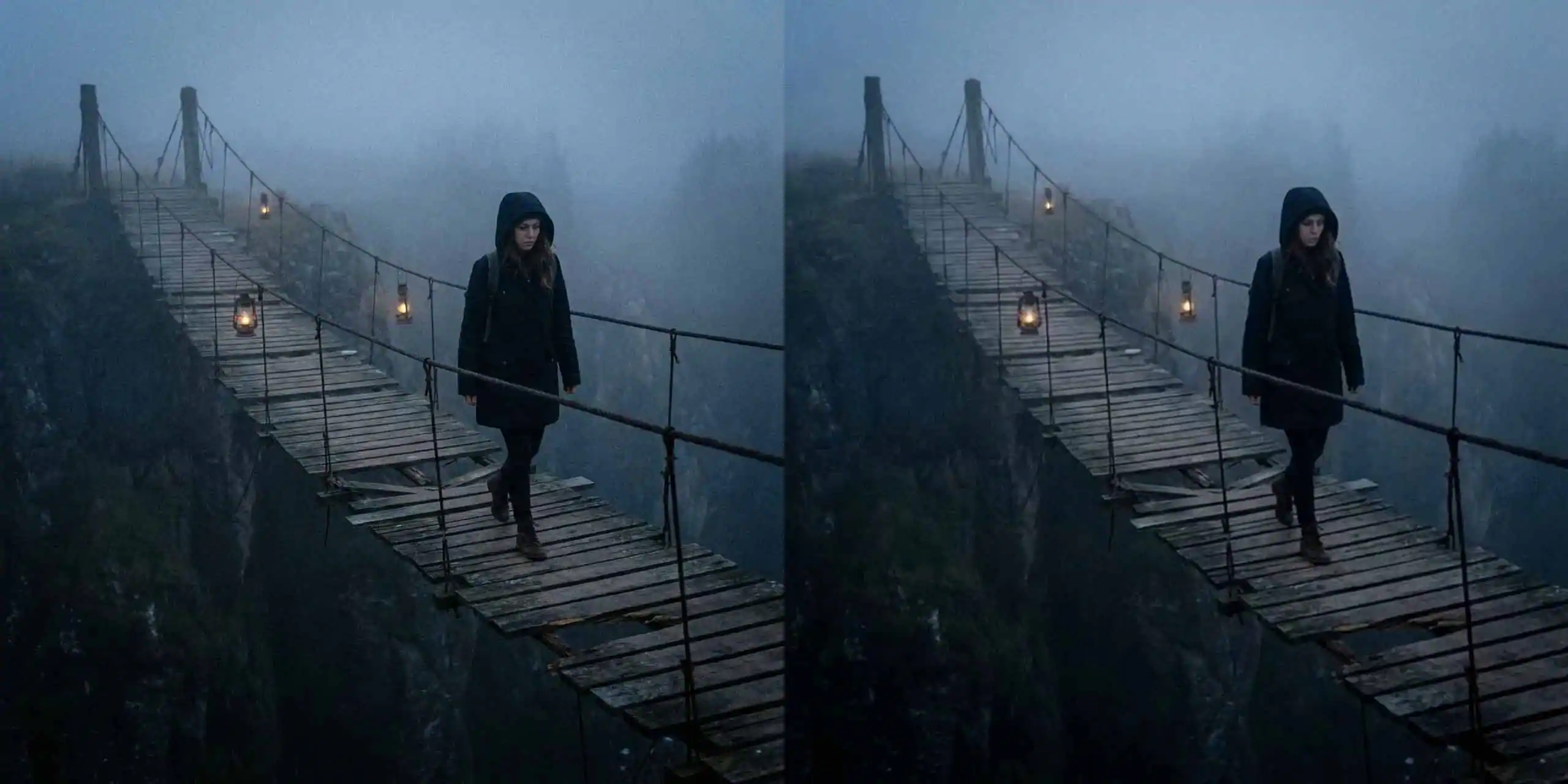 foggy wooden suspension bridge, person walking