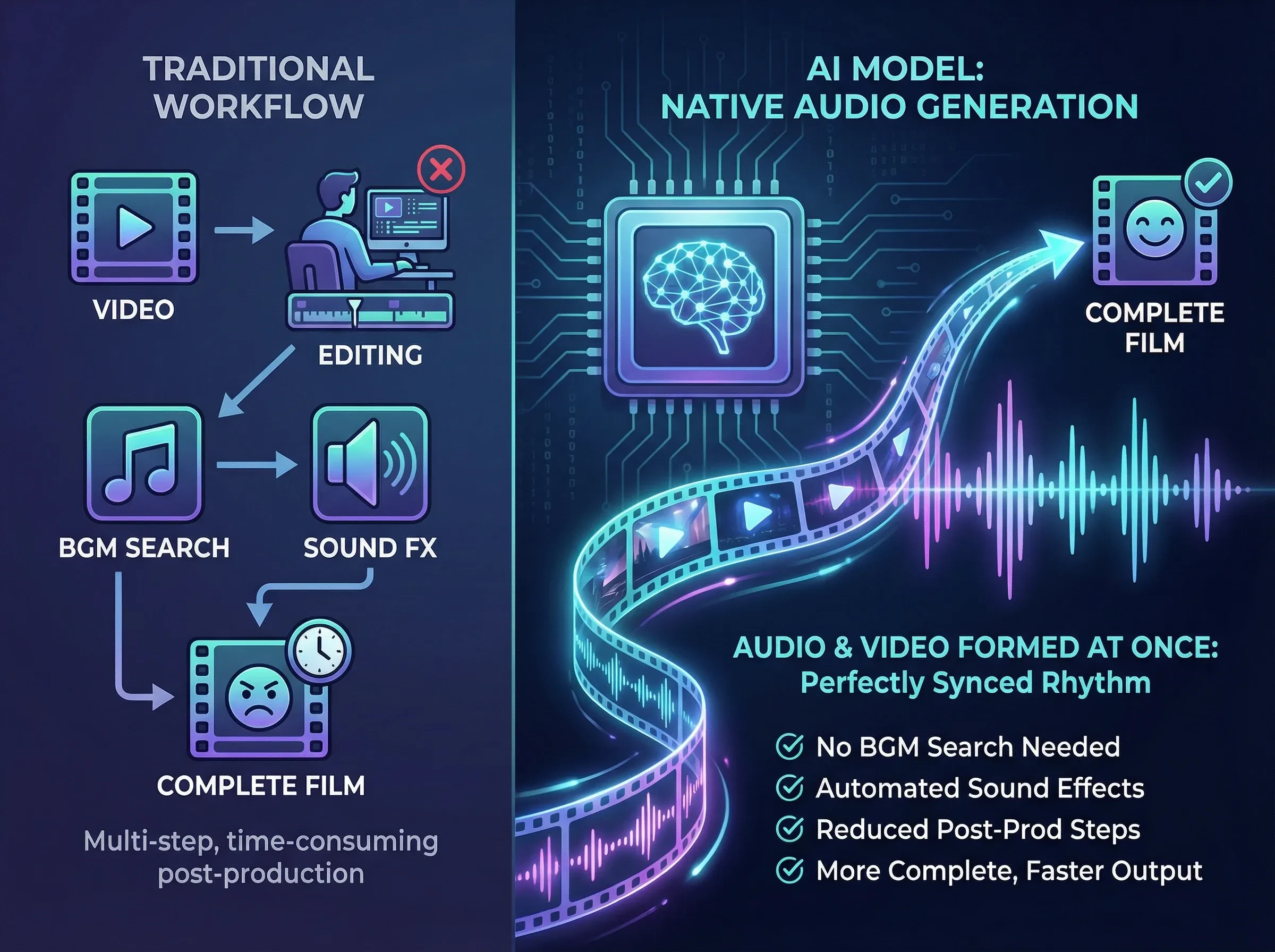 Comparison of traditional and AI audio generation workflows