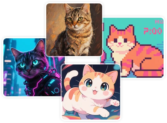 Imagens de gatos com IA em diferentes estilos artísticos