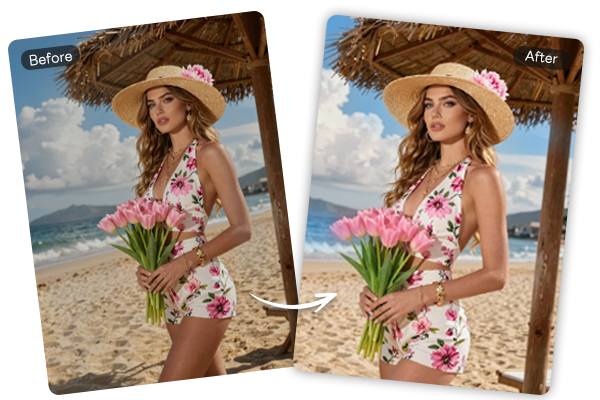 Comparison before and after enhancing a beach photo with AI