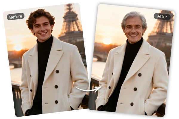 Video dell'invecchiamento creato con il miglior filtro per la vecchiaia mostrato su TikTok e Instagram, con effetti di invecchiamento realistici e specifici per il viso