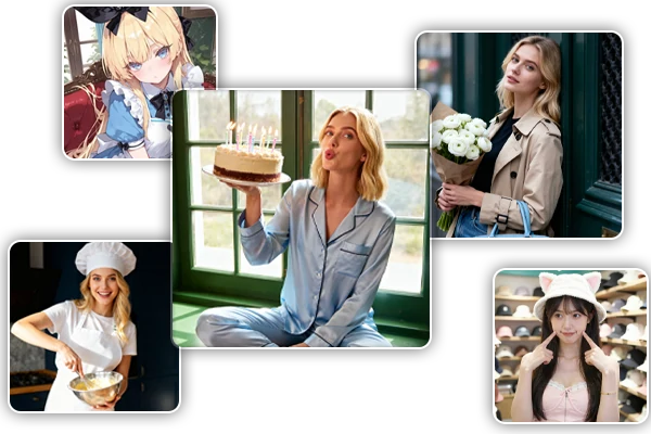 El mismo rostro del personaje anime se mantiene de forma consistente a través de múltiples clips de videos de novia AI en SeaArt AI