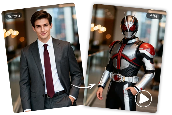 Foto de retrato transformándose en un traje de Kamen Rider con ojos compuestos y aura de energía
