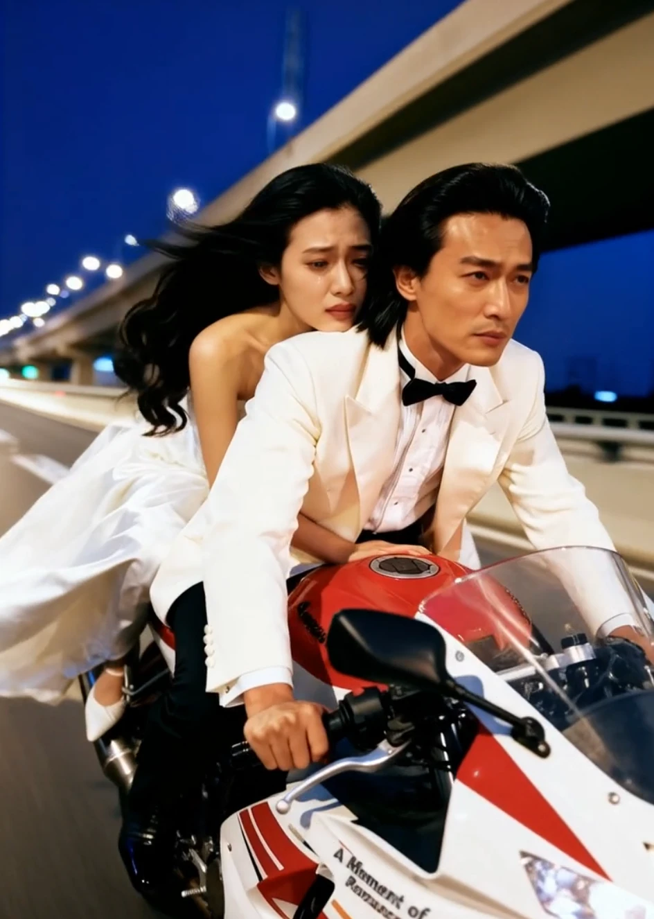 Motosiklet üzerinde akşam üstü çift, resmi kıyafet