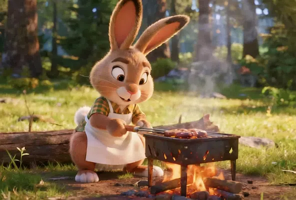 动画兔子在森林烧烤