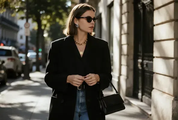 时尚着装女性步行在人行道上