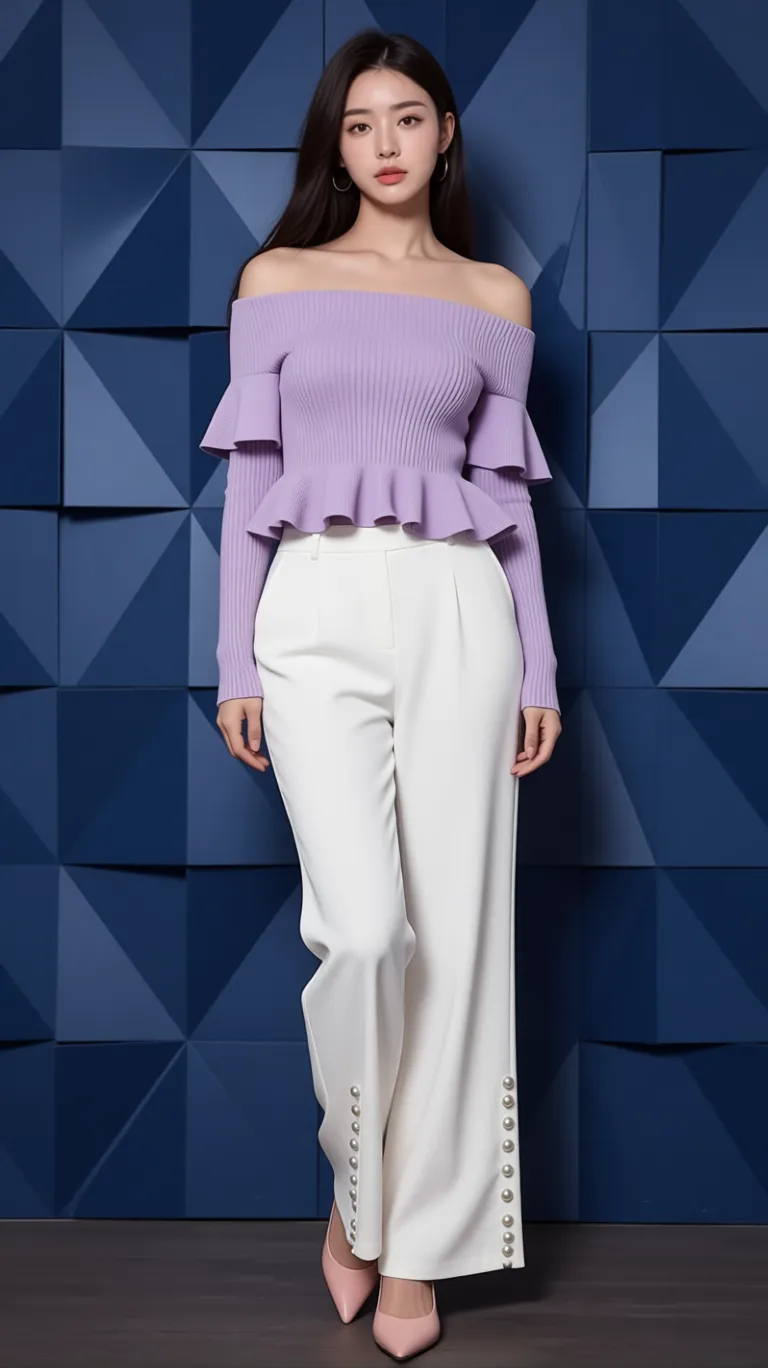 زي كنزة بنفسجية وبنطلون أبيض