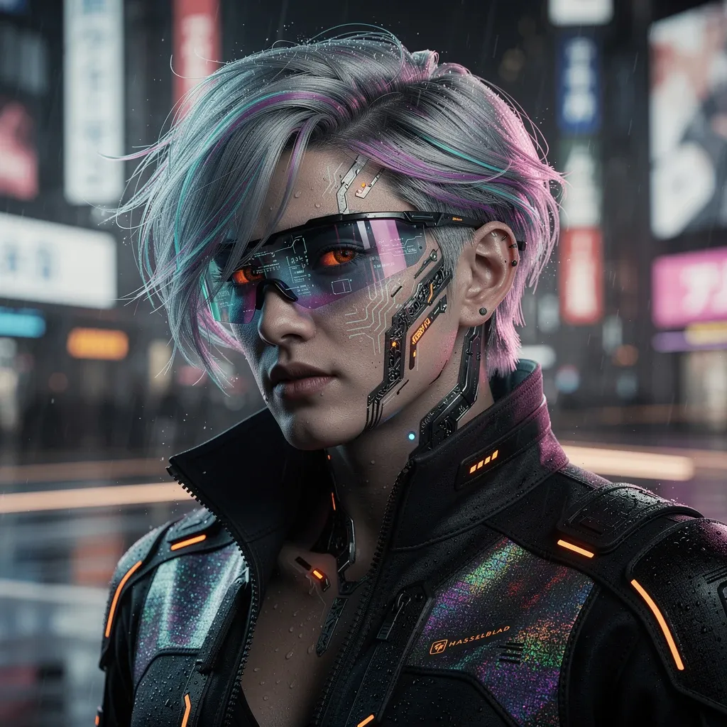 cyberpunk style, neon lights, short hair