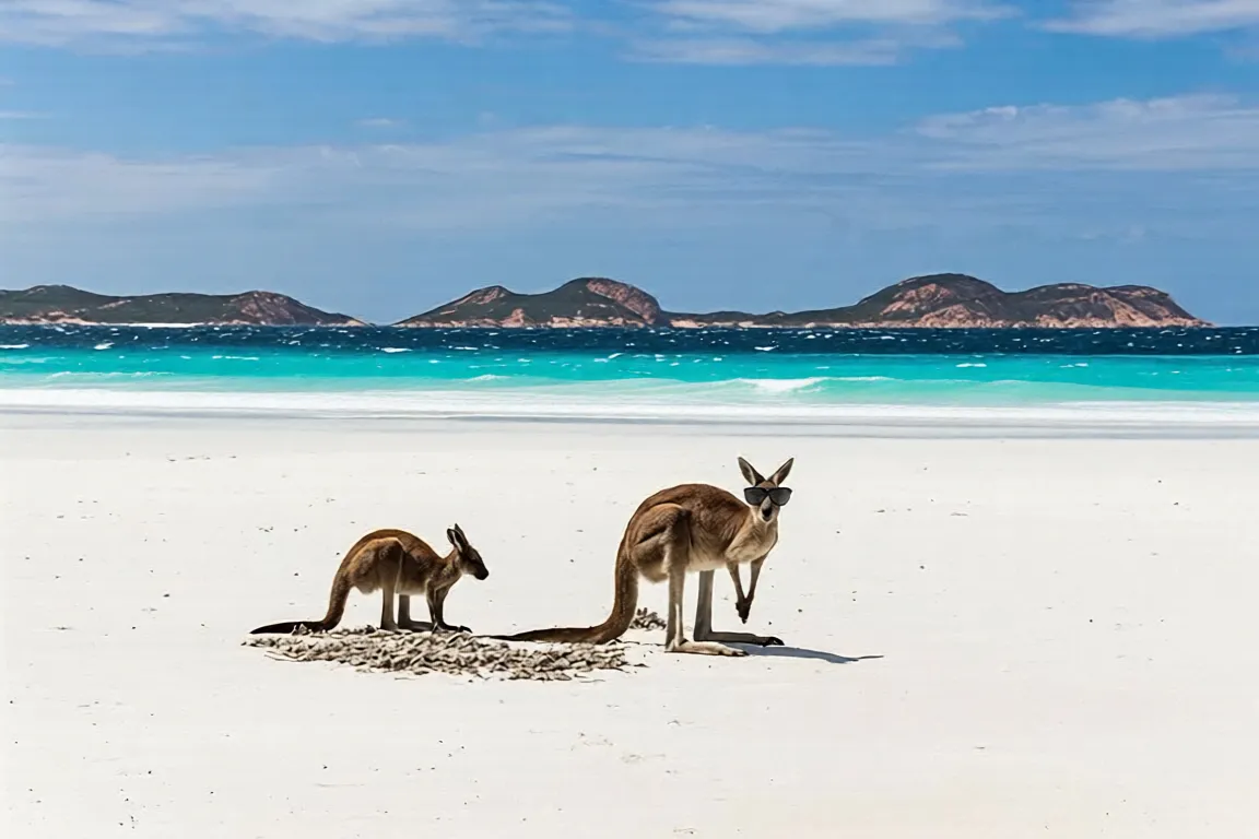 kangaroos on beach, blue sea, mountains