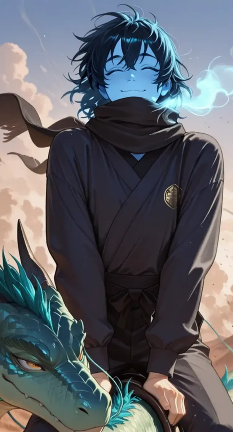 blue-haired character and dragon