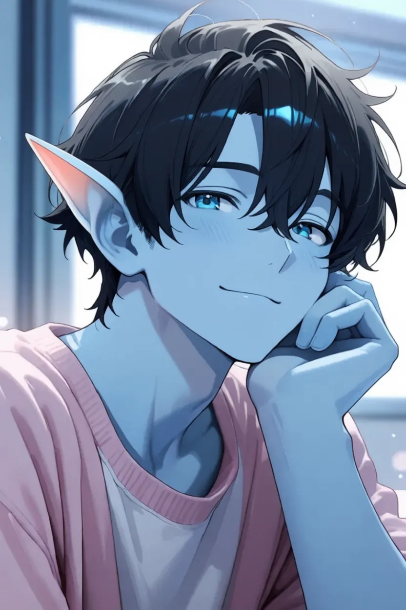 Anime character with blue skin, pointed ears
