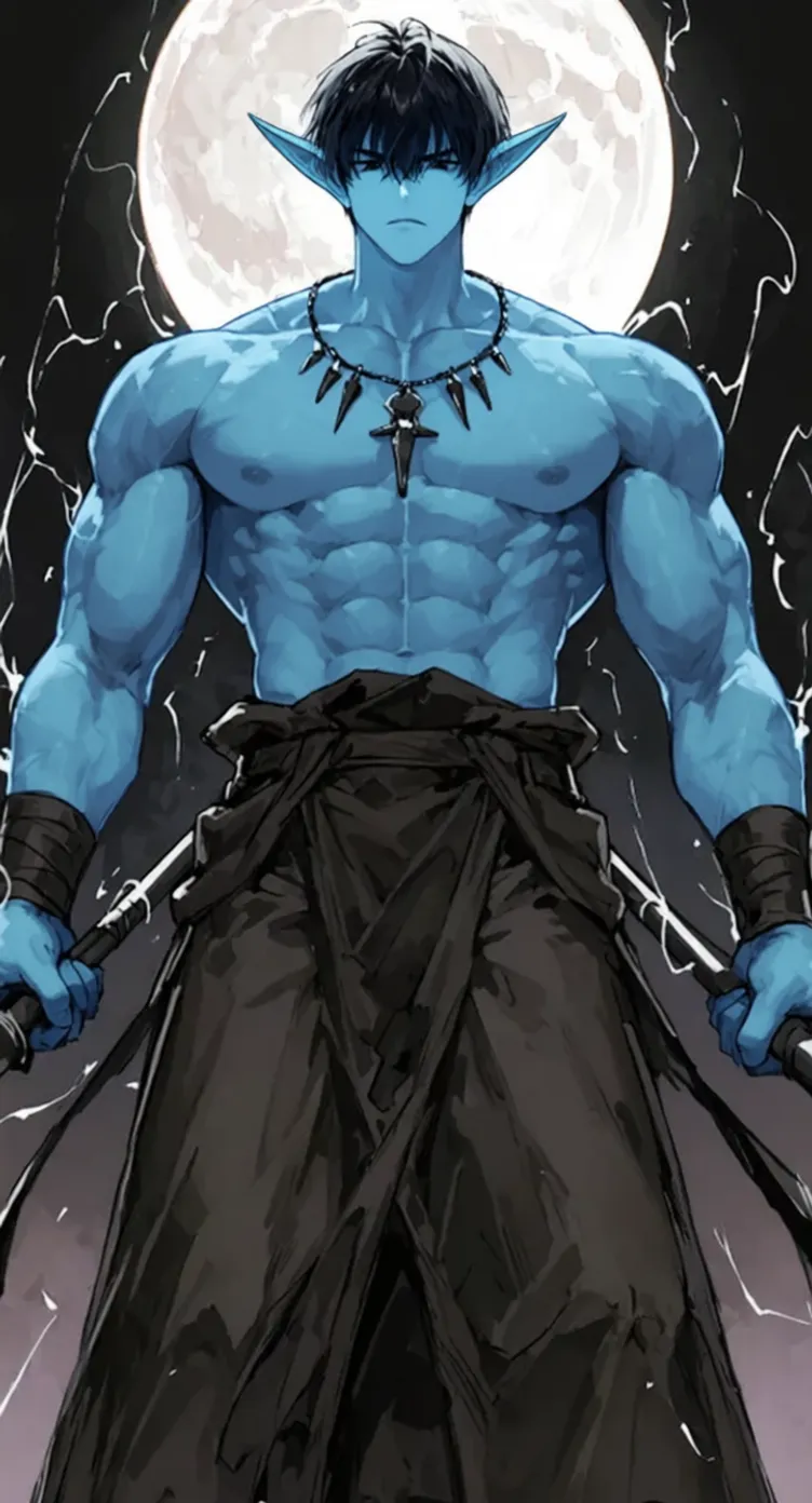 Muscular blue-skinned character, moon backdrop