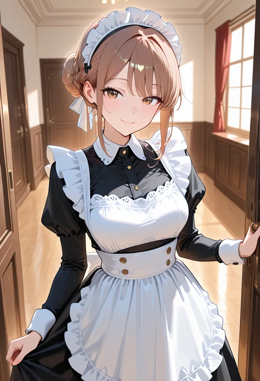 figure in maid outfit in corridor