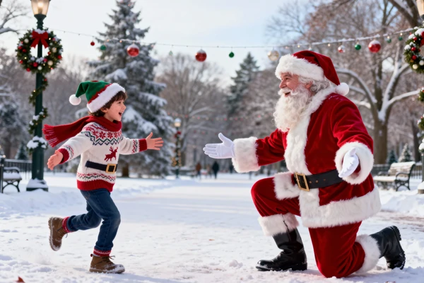Santa Claus hugs a kid