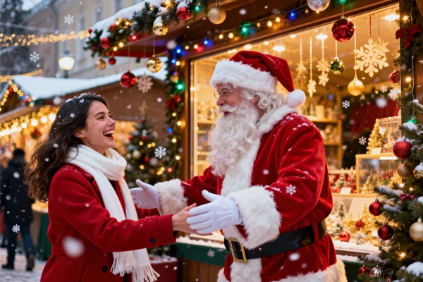 Santa Claus hugs a woman