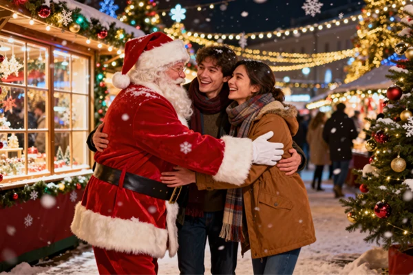 Santa Claus hugs a couple