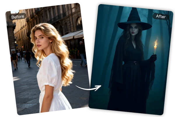 在照片中添加女巫濾鏡前後效果