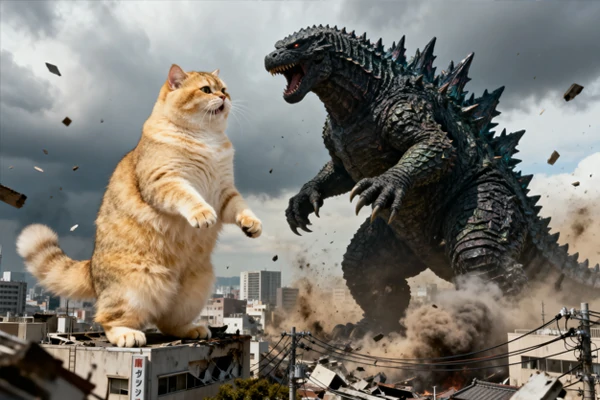 Blend a cat and a Godzilla to a crossover fighting video
