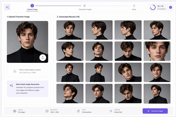AI camera angle generator creating 16 portrait views from one uploaded character image
