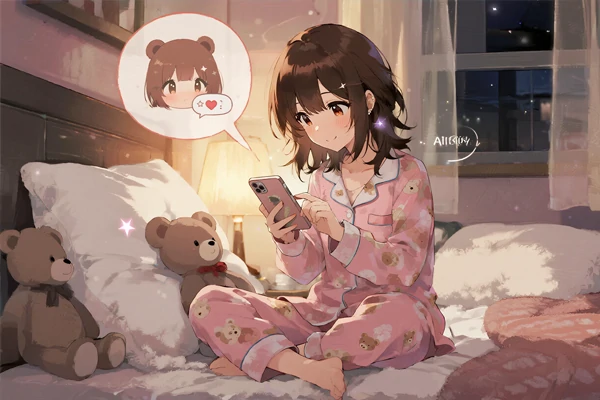 寝る前にスマホでAIキャラクターとチャットする女性