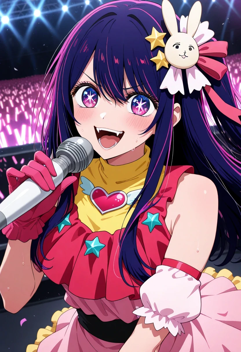 Una ragazza anime che canta su un vivace palco da concerto