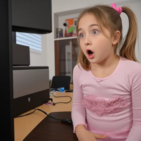 ピンクの服の子供、コンピュータ部屋