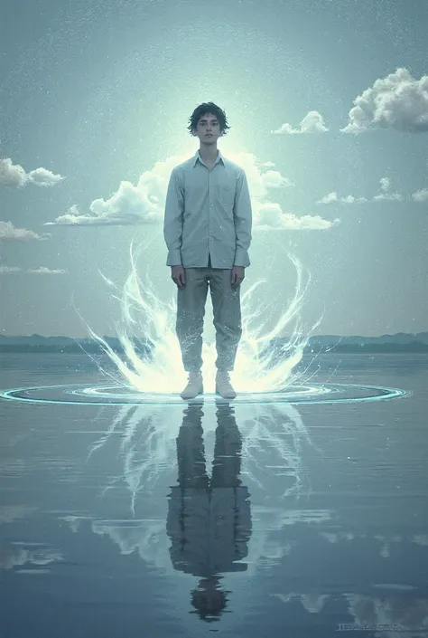 Person on reflective surface with glowing effect