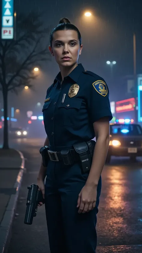 Female police officer in city at night